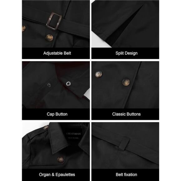 Women's Trench Coat Double-Breasted Classic Lapel Overcoat Belted - Picture 6 of 7